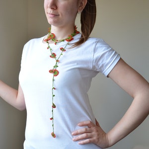 Red Crochet Necklace, Oya Wrap Necklace, Christmas Lariat Gift, Oya Beaded Necklace, Green Boho Necklace, Crochet Jewelry, Turkish Necklace