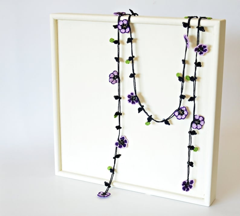 Oya Beaded Wrap Necklace Lavender Crochet Jewelry Bead Flower Necklace Boho Violet Lariat Crochet Necklace Unique Gift For Women