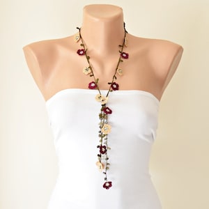 Crochet Flower Necklace, Burgundy Beaded Necklace, Stylish Turkish Oya Lariat, Boho Floral Jewelry