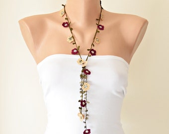 Crochet Flower Necklace, Burgundy Beaded Necklace, Stylish Turkish Oya Lariat, Boho Floral Jewelry