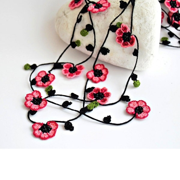 Crochet Cherry Blossom Necklace, Boho Floral Lariat, Handmade Cotton Jewelry