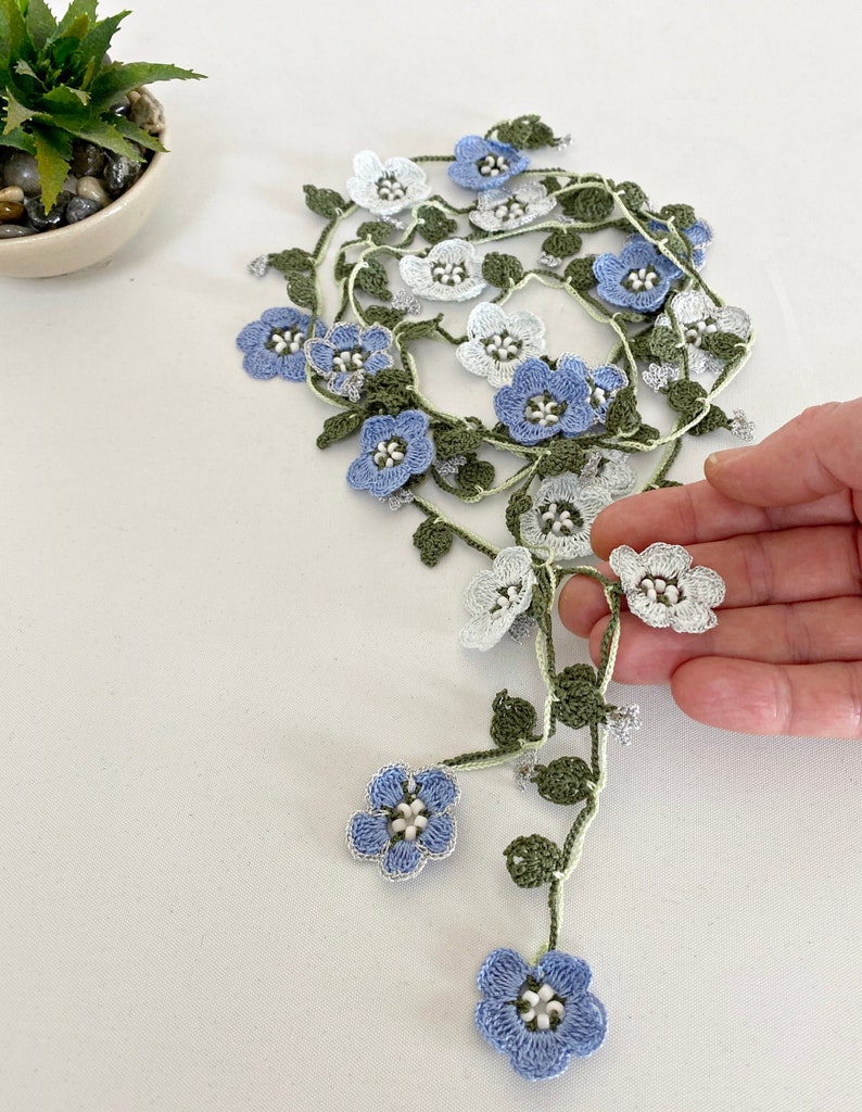 Micro Crochet Flower Necklace, Bridal Beaded Necklace, Forget Me Not Long Necklace, Wild Flower Lariat, Turkish Crochet Jewelry Blue & Silver Tones