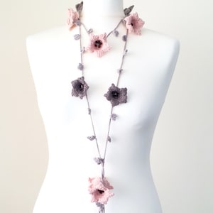 Skinny Long Scarf, Pastel Flower Wrap, Bead Crochet Necklace, Boho Oya Lariat, Pink Gray Large Lily Flowers, Unique Gift For Women image 3