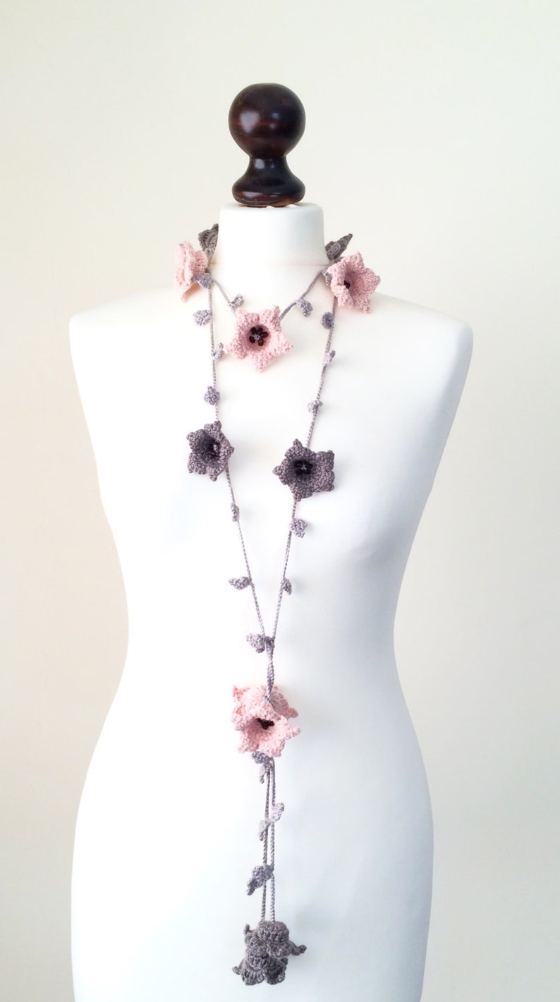 Skinny Long Scarf, Pastel Flower Wrap, Bead Crochet Necklace, Boho Oya Lariat, Pink Gray Large Lily Flowers, Unique Gift For Women image 3