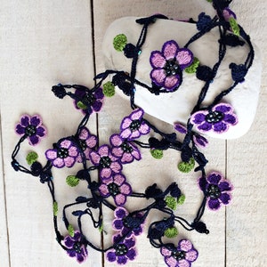 Beaded Crochet Necklace, Purple Flower Long Lariat, Turkish Oya Floral Necklace, Women Jewelry image 7