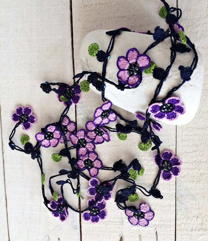 Beaded Crochet Necklace, Purple Flower Long Lariat, Turkish Oya Floral Necklace, Women Jewelry image 7