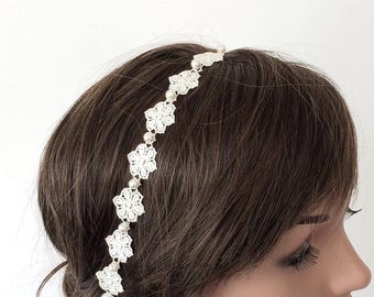 Bridal Lace Headband: Flower Pearl Wedding Hairpiece
