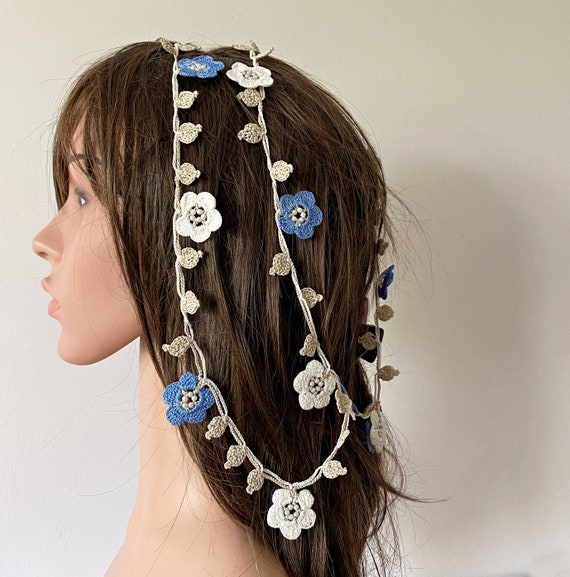 Floral Bridal Hair Vine Crochet Flower Hair Garland Bridal Leaves Headpiece Wedding Versatile Hair Jewelry Boho Festival Hair Necklace Etsy UK