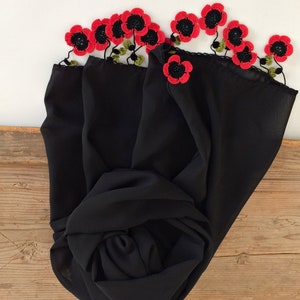 Poppy Beaded Scarf, Boho Floral Scarf, Christmas Gift For Her, Red Jewelry Scarf, Crochet Spring Wrap, Wildflower Oya Foulard, Black Wrap image 6