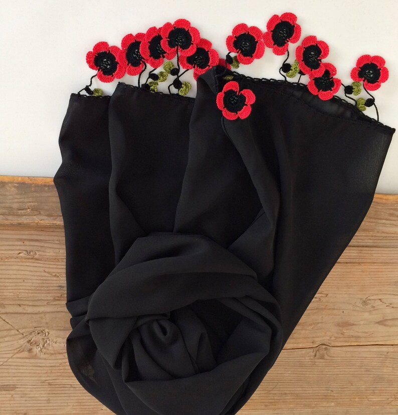 Poppy Beaded Scarf, Boho Floral Scarf, Christmas Gift For Her, Red Jewelry Scarf, Crochet Spring Wrap, Wildflower Oya Foulard, Black Wrap image 6