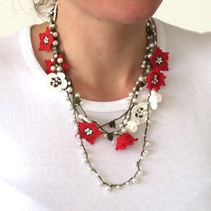 Boho Layering Necklace, Stacking Crochet Necklace, Multistrand Wrap Necklace, Flowers Beaded Collar, Christmas Gift, Oya Beadwork Jewelry