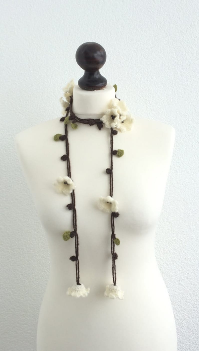 Flower Wrap Scarf, Wool Necklace, Crochet Lariat, Lily Skinny Scarf, Boho Beaded Necklace, Mother's Day Gift, Crochet Accessory, ReddApple image 8