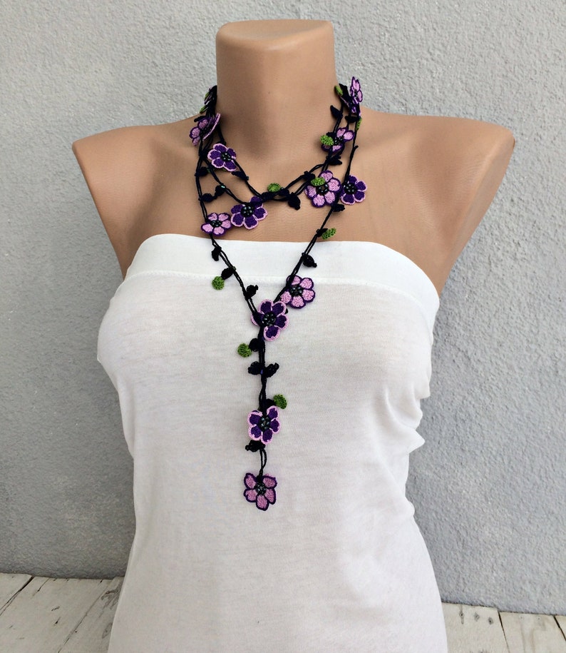 Beaded Crochet Necklace, Purple Flower Long Lariat, Turkish Oya Floral Necklace, Women Jewelry image 2