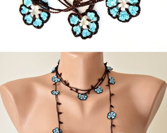 Turquoise Wrap Necklace, Oya Beaded Lariat, Crochet Wrap Necklace, Crochet Jewelry, Flowers Necklace, Women Gift, Christmas Gift, ReddApple