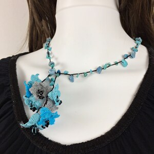 Turquoise Crochet Necklace, Artisanal Turkish Crochet Jewelry, Blue Oya Beaded Collar, Boho Beadwork Necklace, Thoughtful Holiday Gift image 4