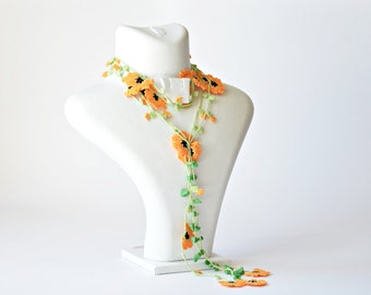 Crocheted Orange Flower Necklace, Boho Beaded Lariat, Fall Oya Necklace, Turkish Necklace, Crochet Jewelry, Christmas Gift