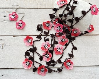 Sakura Crochet Necklace, Cherry Blossom Beaded Belt, Boho Jewelry