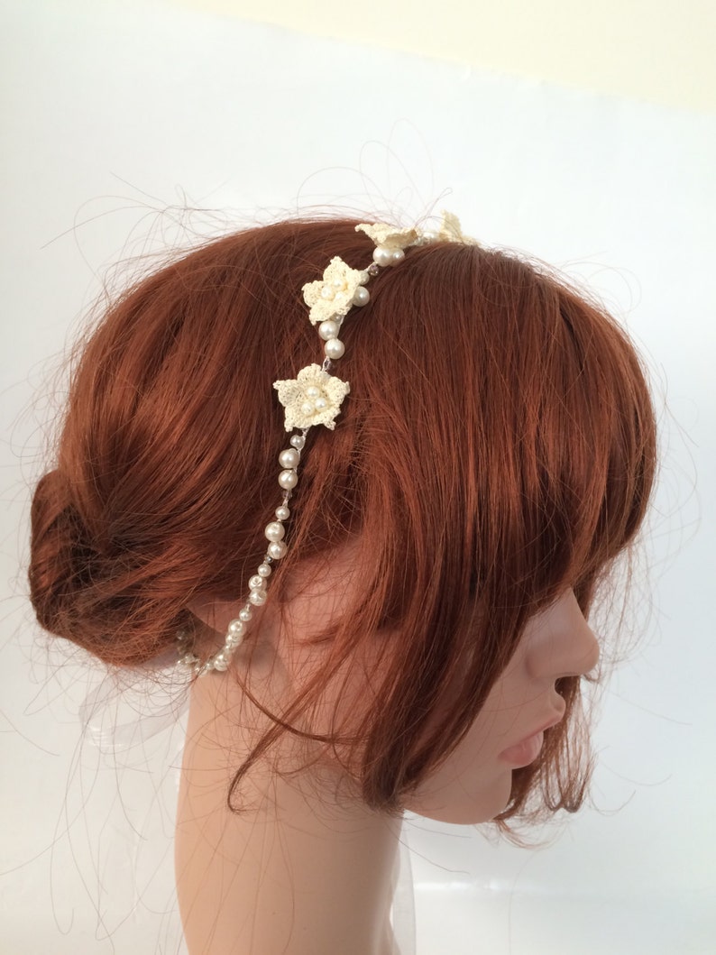 Boho Bridal Hair Jewelry, Crochet Flowers Headband, Ivory Wedding Hairband, Pearl Beaded Headpiece, Bridesmaid Gift, Bachelorette Gift image 2