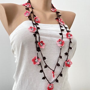 Sakura Flowers Crochet Necklace, Cherry Blossom Beaded Necklace, Japanese Flower Jewelry, Personalized Gift, Boho Wrap Lariat, Women Gift Only Necklace