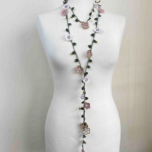 Micro Crochet Flower Necklace, Bridal Beaded Necklace, Forget Me Not Long Necklace, Wild Flower Lariat, Turkish Crochet Jewelry image 7