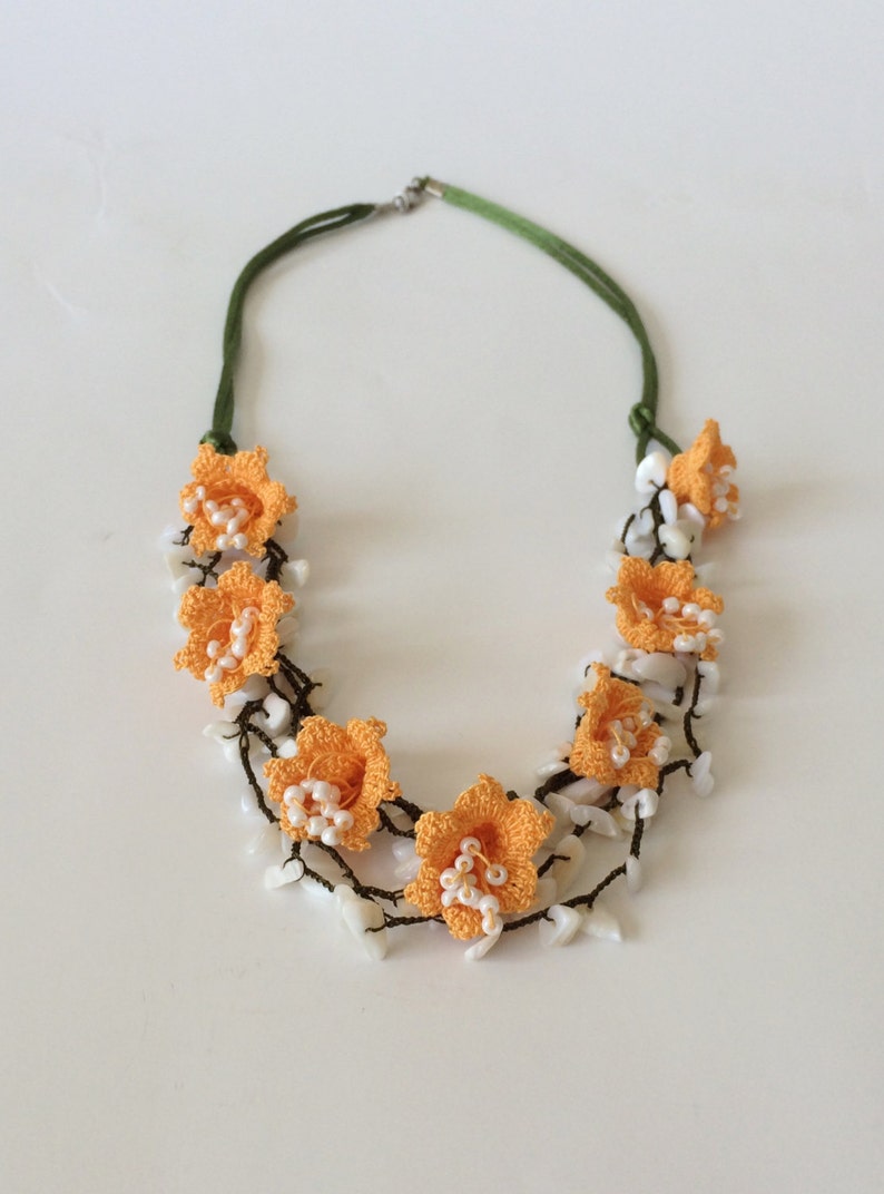 Christmas Gift Boho Multistrand Necklace Turkish Oya Necklace Beaded Crochet Collar Statement Layered Necklace Orange Flower Necklace