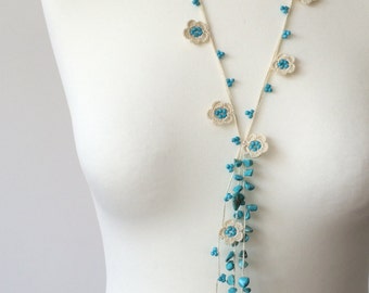 Boho Beaded Lariat, Turquoise Necklace, Oya Crochet Necklace, Turquoise Jewelry, Turkish Necklace, Flower Wrap Lariat, Women Jewelry Gift