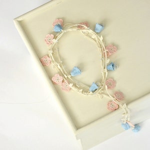 Beaded Crochet Necklace, Turkish Oya Lariat, Boho Flower Necklace, Bridal Floral Wrap, Pastel Bellflower Jewelry, Bestfriend Birthday Gift image 3