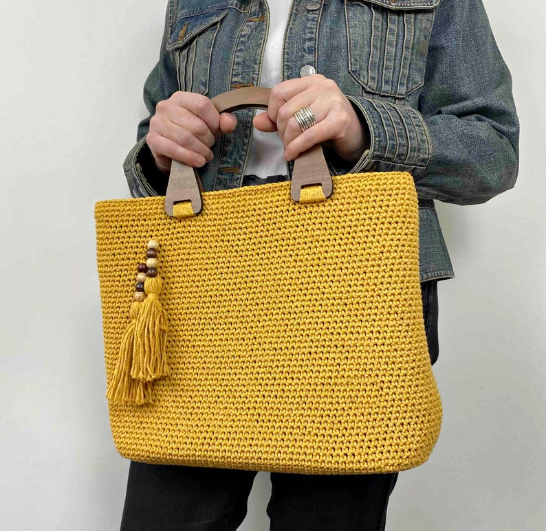 Cotton Crochet Tote Bag Wood Handles Chic Purse Handmade Etsy