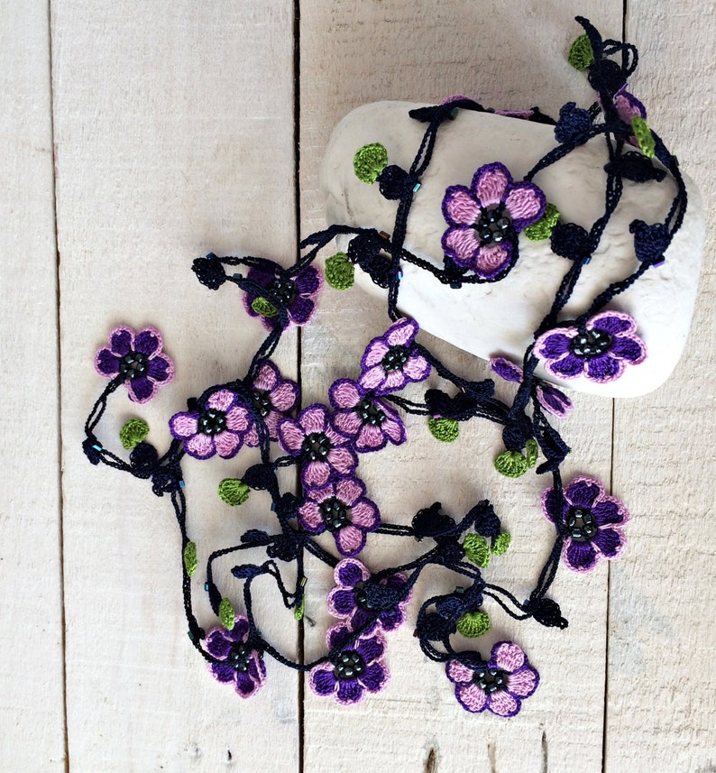 Beaded Crochet Necklace, Purple Flower Long Lariat, Turkish Oya Floral Necklace, Women Jewelry image 5