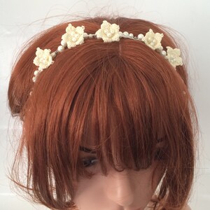 Boho Bridal Hair Jewelry, Crochet Flowers Headband, Ivory Wedding Hairband, Pearl Beaded Headpiece, Bridesmaid Gift, Bachelorette Gift image 3