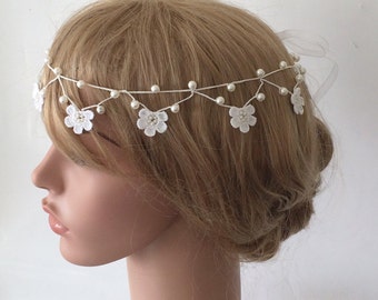 Bridal Crochet Pearl Tiara, Flower Girl Headband, Handmade Hair Accessory