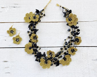 Crocheted Floral Necklace, Gold Flower Chain, Boho Beaded Jewelry Set