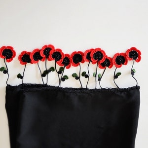 Poppy Beaded Scarf, Boho Floral Scarf, Christmas Gift For Her, Red Jewelry Scarf, Crochet Spring Wrap, Wildflower Oya Foulard, Black Wrap image 1