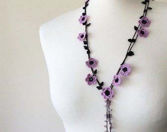 Lilac Floral Crochet Lariat, Turkish Oya Necklace, Beaded Flower Collar, Crochet Jewelry, Boho Plum Lariat Necklace, Women's Gift