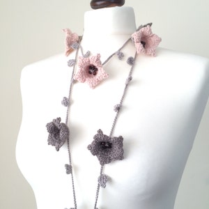 Skinny Long Scarf, Pastel Flower Wrap, Bead Crochet Necklace, Boho Oya Lariat, Pink Gray Large Lily Flowers, Unique Gift For Women image 1