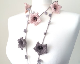 Skinny Long Scarf,  Pastel Flower Wrap, Bead Crochet Necklace, Boho Oya Lariat, Pink Gray Large Lily Flowers, Unique Gift For Women