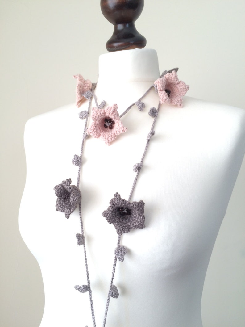 Skinny Long Scarf, Pastel Flower Wrap, Bead Crochet Necklace, Boho Oya Lariat, Pink Gray Large Lily Flowers, Unique Gift For Women image 1