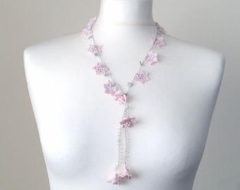 Crystal Crochet Lariat Necklace, Pink Oya Beaded Flower Collar