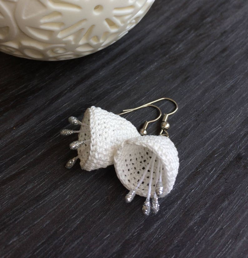 Drop Crochet Earrings Boho Natural Jewelry Cotton Crochet Jewelry Ivory Bridal Earrings Bellflower Unique Earrings Anniversary Gift