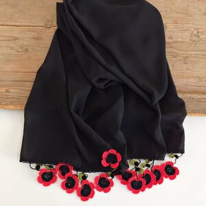 Poppy Beaded Scarf, Boho Floral Scarf, Christmas Gift For Her, Red Jewelry Scarf, Crochet Spring Wrap, Wildflower Oya Foulard, Black Wrap image 4