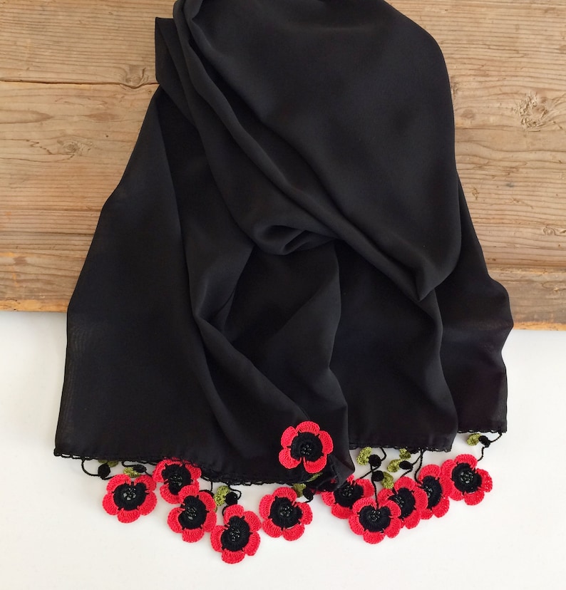 Poppy Beaded Scarf, Boho Floral Scarf, Christmas Gift For Her, Red Jewelry Scarf, Crochet Spring Wrap, Wildflower Oya Foulard, Black Wrap image 4