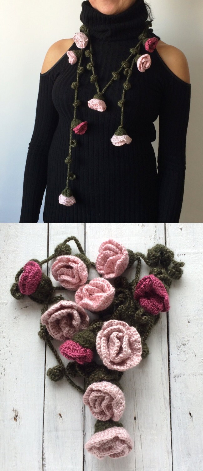 Pink Roses Scarf Crochet Wool Necklace Romantic Flower Wrap Etsy