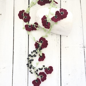 Burgundy Flower Beaded Crochet Lariat, Wine Flower Necklace, Anniversary Gift, Crochet Jewelry, Unique Oya Accessory, Turkish Art Necklace