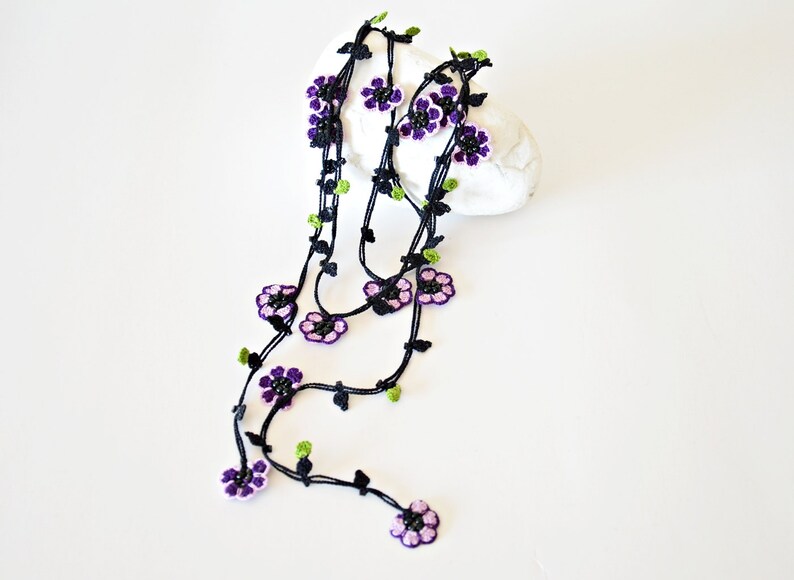 Oya Beaded Wrap Necklace Lavender Crochet Jewelry Bead Flower Necklace Boho Violet Lariat Crochet Necklace Unique Gift For Women