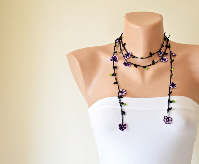 Oya Beaded Wrap Necklace Lavender Crochet Jewelry Bead Flower Necklace Boho Violet Lariat Crochet Necklace Unique Gift For Women