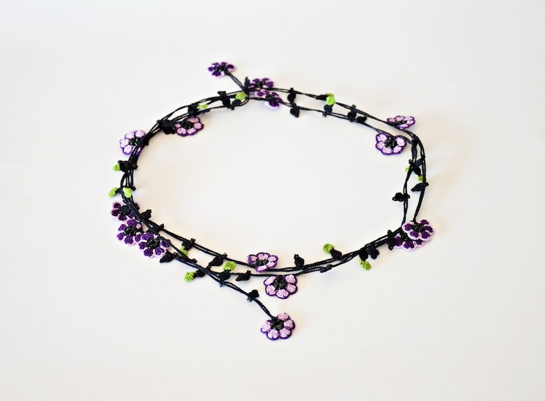 Oya Beaded Wrap Necklace Lavender Crochet Jewelry Bead Flower Necklace Boho Violet Lariat Crochet Necklace Unique Gift For Women