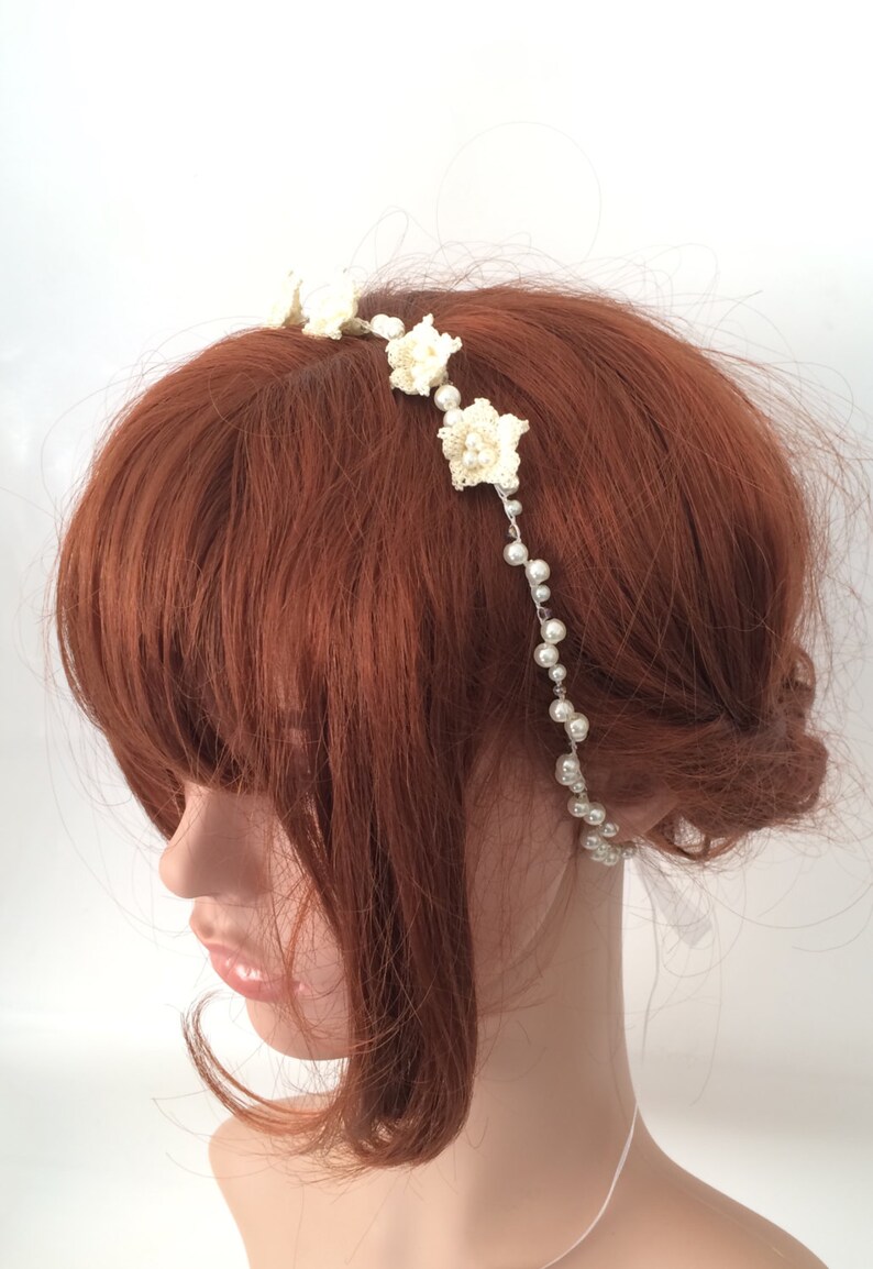 Boho Bridal Hair Jewelry, Crochet Flowers Headband, Ivory Wedding Hairband, Pearl Beaded Headpiece, Bridesmaid Gift, Bachelorette Gift image 4