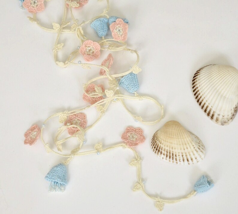 Beaded Crochet Necklace, Turkish Oya Lariat, Boho Flower Necklace, Bridal Floral Wrap, Pastel Bellflower Jewelry, Bestfriend Birthday Gift image 5