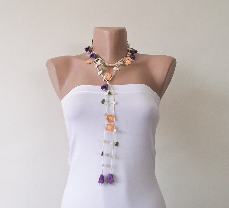 Bellflowers Beaded Crochet Necklace, Oya Wrap Boho Lariat, Crochet Jewelry, Bridal Hippie Accessory, Gift For Her, Orange Floral Garland image 2
