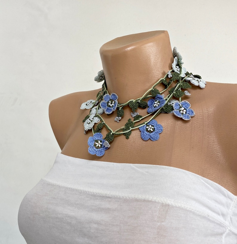 Micro Crochet Flower Necklace, Bridal Beaded Necklace, Forget Me Not Long Necklace, Wild Flower Lariat, Turkish Crochet Jewelry image 9